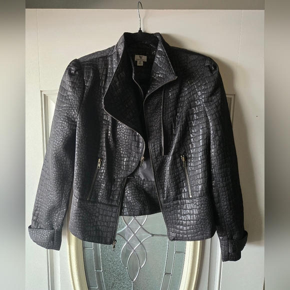 Worthington Croc Embossed Moto Jacket Medium Black Faux Leather Biker Chic - Picture 3 of 10